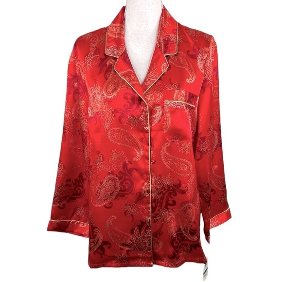 Morgan Taylor Intimates Red Paisley Silky Satin Pajama Top Size Large New! - Picture 1 of 8
